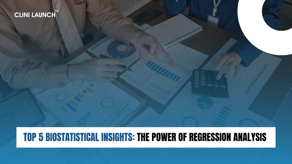 A vibrant, abstract graphic representing data points converging into a regression line with statistical symbols, signifying the power of regression analysis in biostatistics.