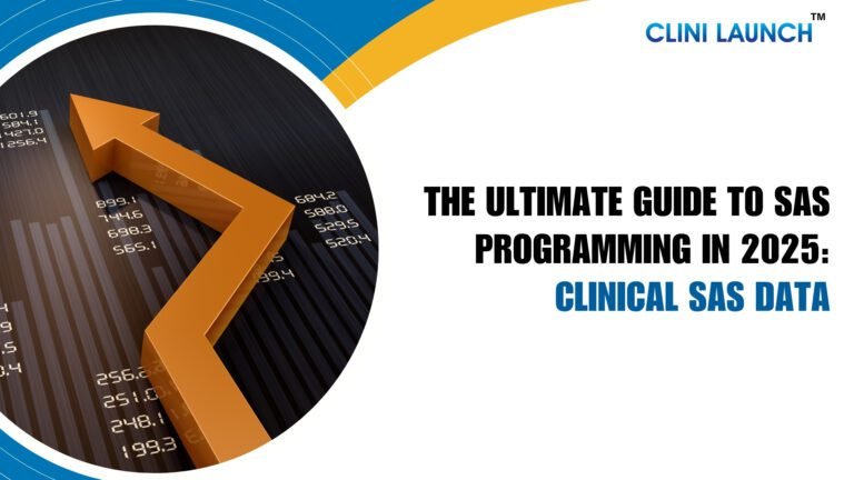 A person working on a laptop with SAS code on the screen, surrounded by medical charts and data visualizations, representing clinical SAS programming.