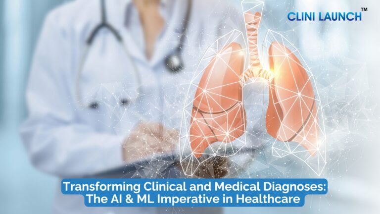 A futuristic medical interface showing overlapping digital brain scans, AI algorithms, and connected health data points, symbolizing the integration of AI and ML in clinical diagnosis.
