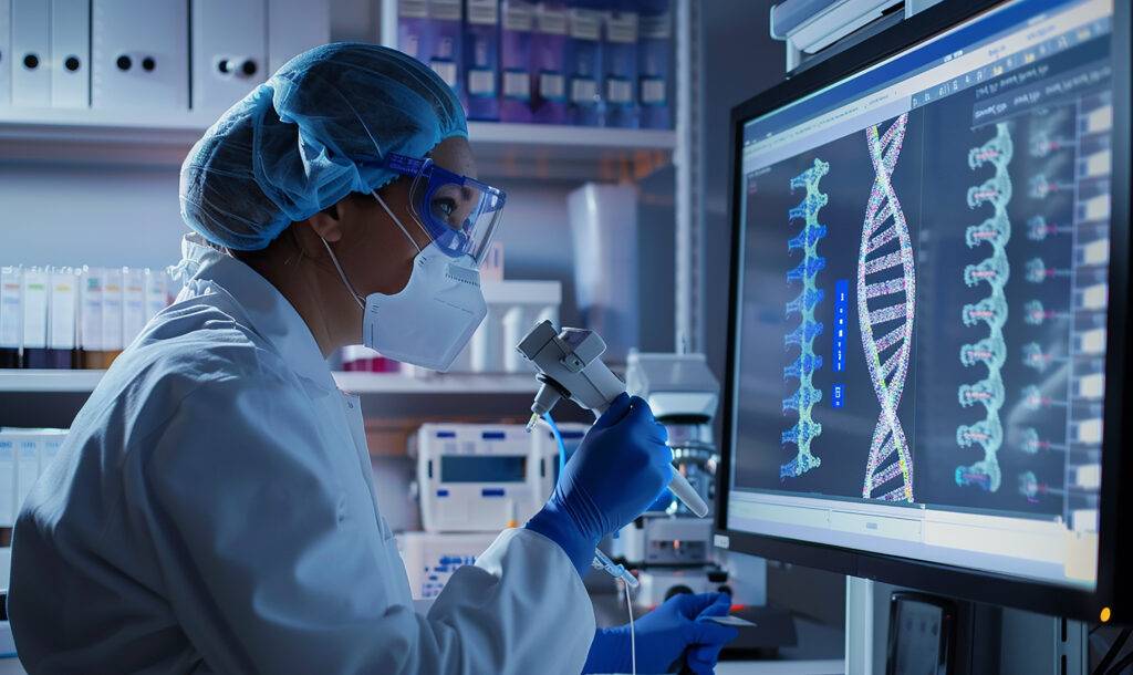 genomics concept illustration showing DNA sequencing and genetic analysis
