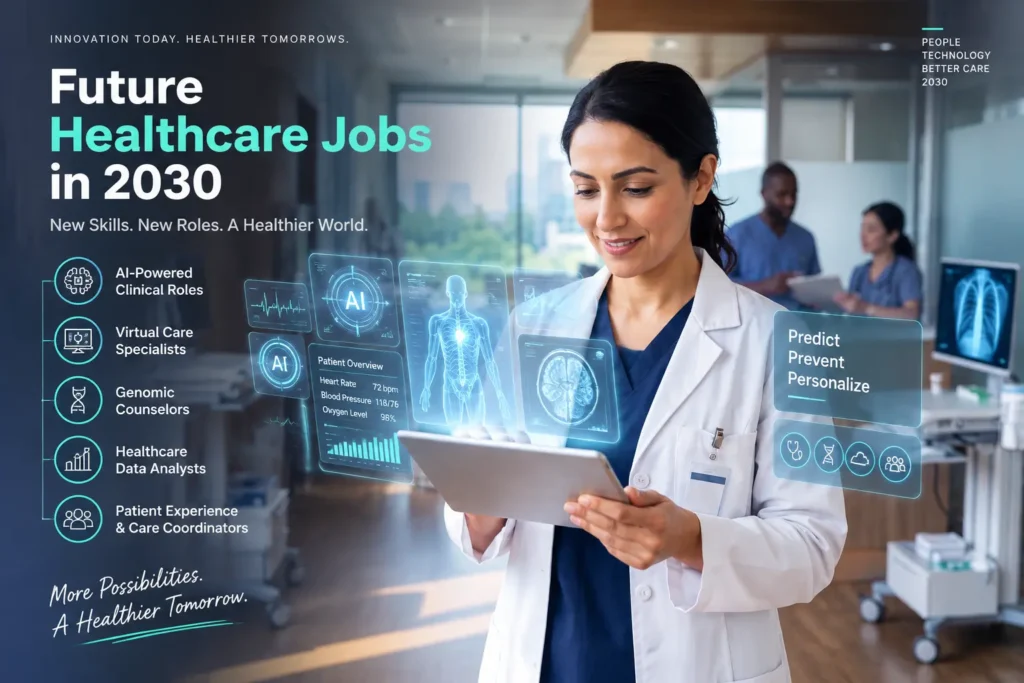 Future healthcare jobs in 2030 featuring AI healthcare specialists, clinical data professionals, and digital health careers