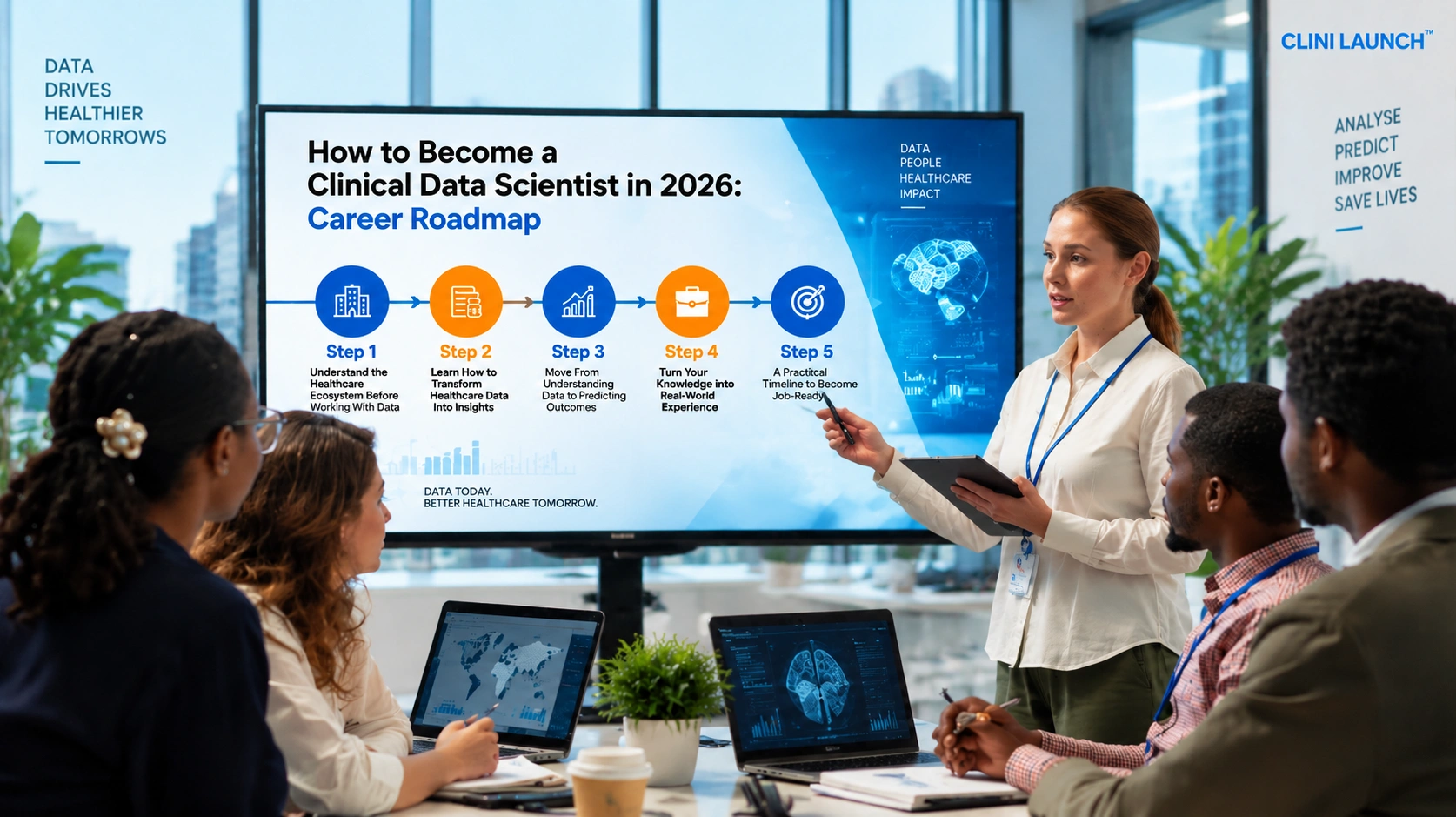 Clinical data scientist career showing healthcare data analysis, clinical research, artificial intelligence, and life sciences opportunities