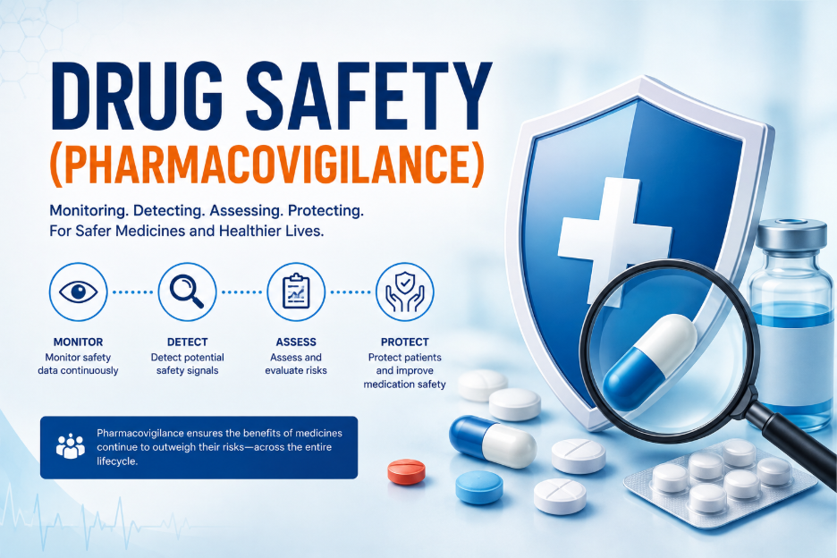 Drug safety and pharmacovigilance process showing medicine monitoring, risk assessment, and patient safety management